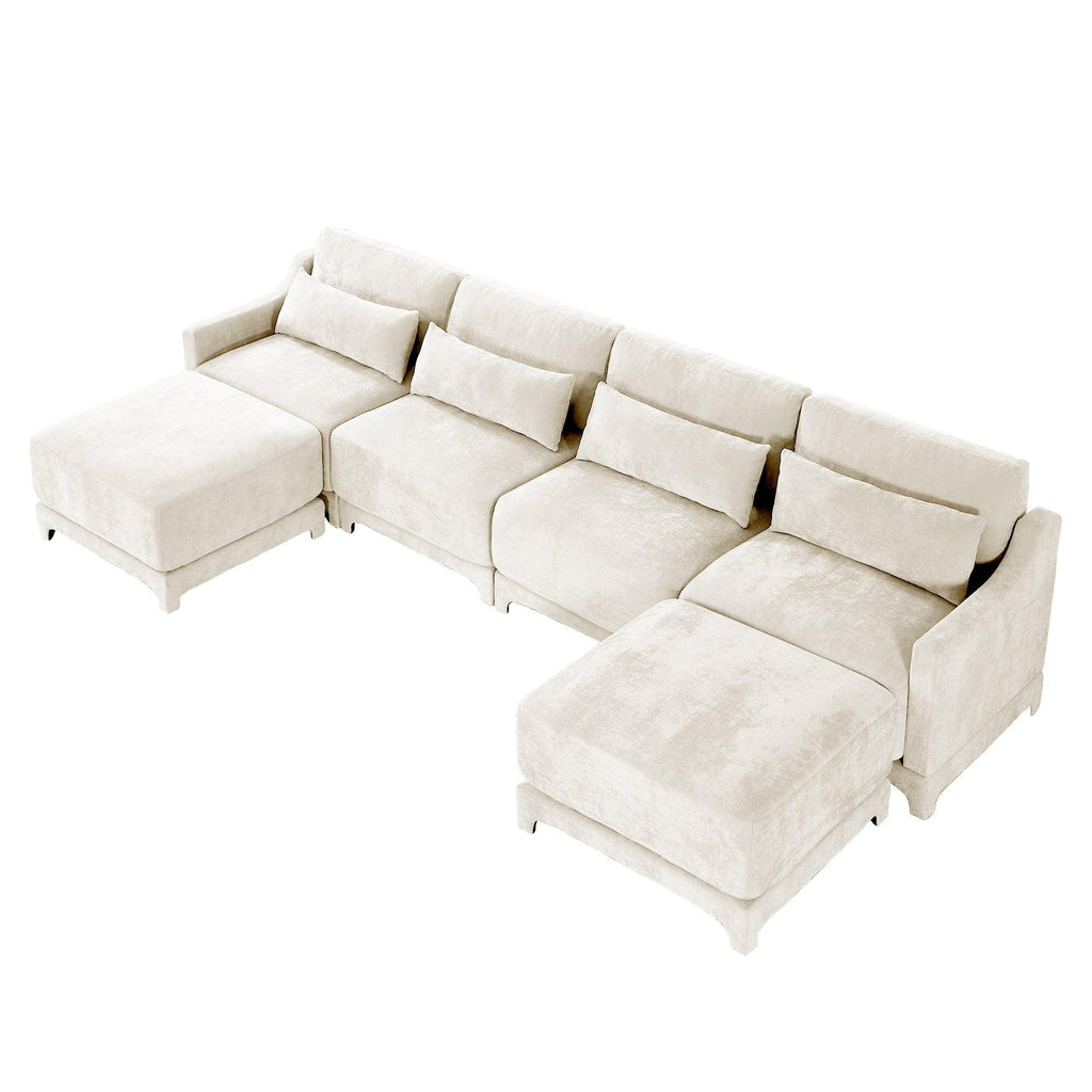 Beige Chenille Four-Seater Sofa with Ottoman Pillow.