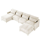 Beige Chenille Four-Seater Sofa with Ottoman Pillow.