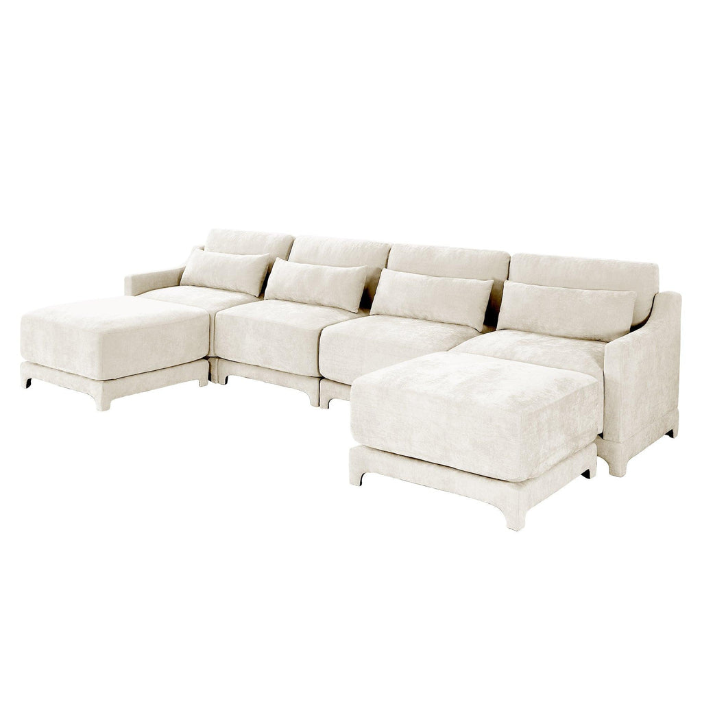 Beige Chenille Four-Seater Sofa with Ottoman Pillow.