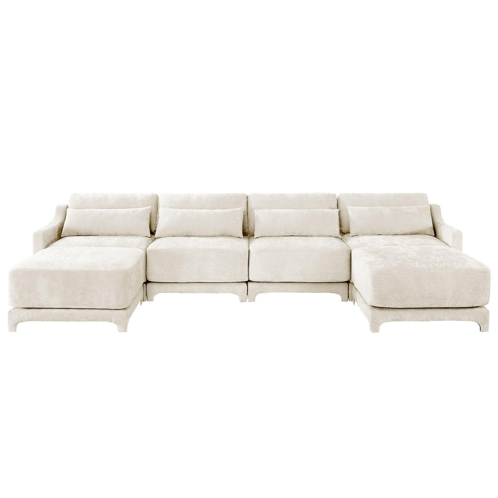 Beige Chenille Four-Seater Sofa with Ottoman Pillow.