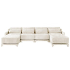 Beige Chenille Four-Seater Sofa with Ottoman Pillow.