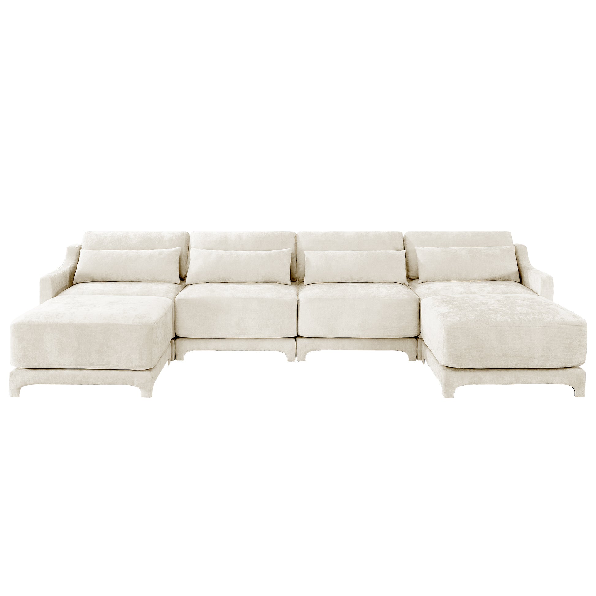 Four - seater sofa, 1 movable ottoman, lumbar pillow,Chenille fabric,solid wood frame, ergonomic,High - resilient sponge, elegant armrests, easy install. Suits living rooms, hotels, lounges,Beige