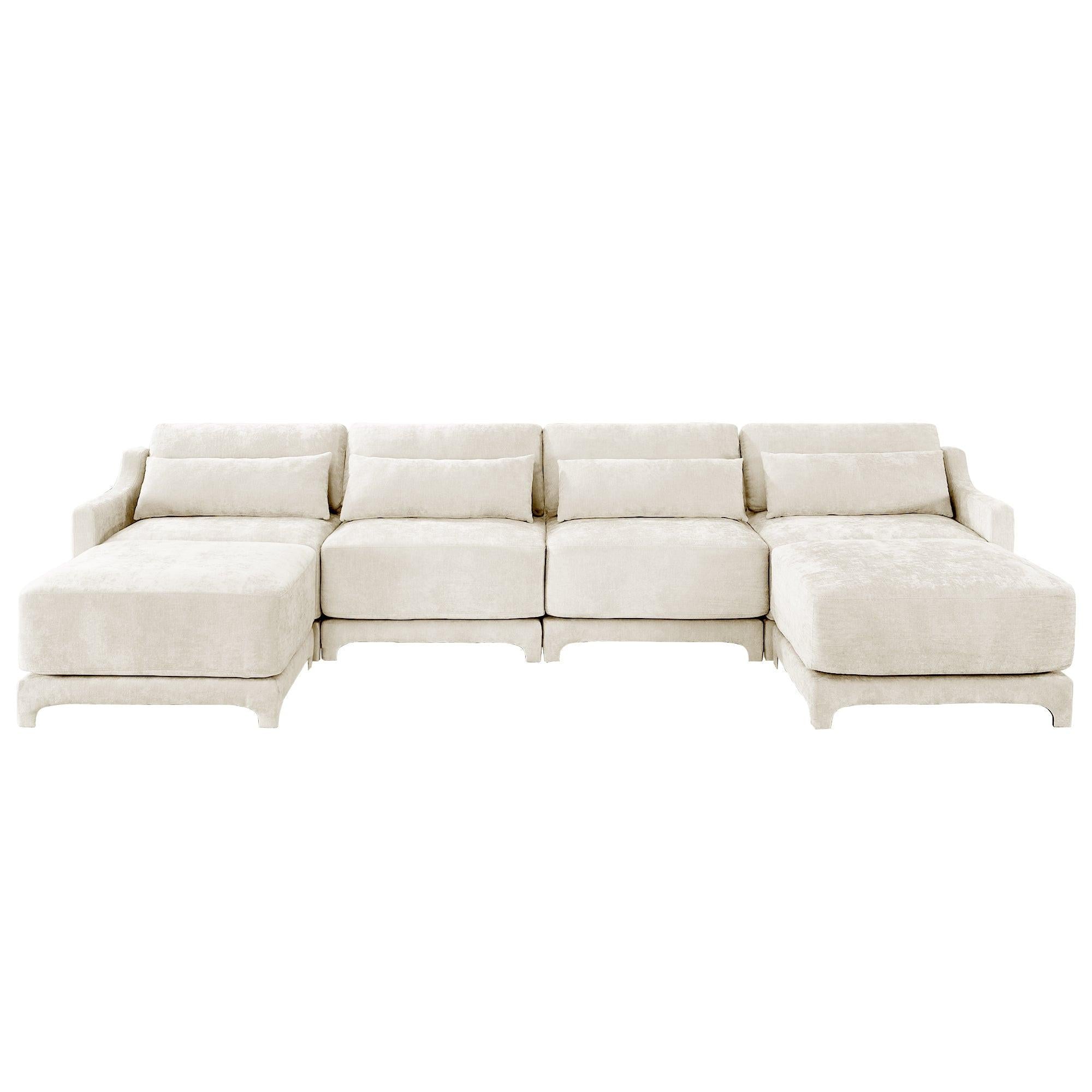 Beige Chenille Four-Seater Sofa with Ottoman Pillow.