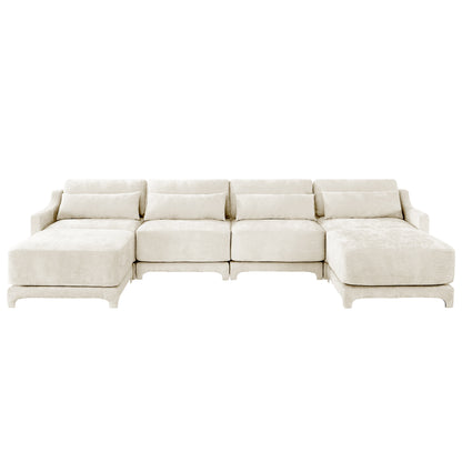 Four - seater sofa, 1 movable ottoman, lumbar pillow,Chenille fabric,solid wood frame, ergonomic,High - resilient sponge, elegant armrests, easy install. Suits living rooms, hotels, lounges,Beige