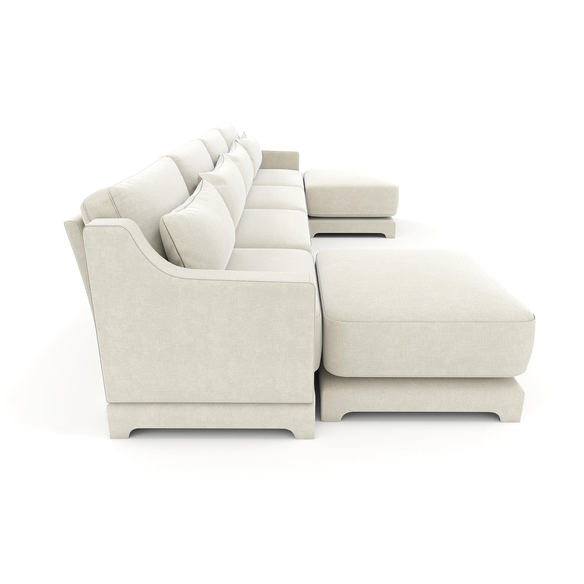 Beige Chenille Four-Seater Sofa with Ottoman Pillow.
