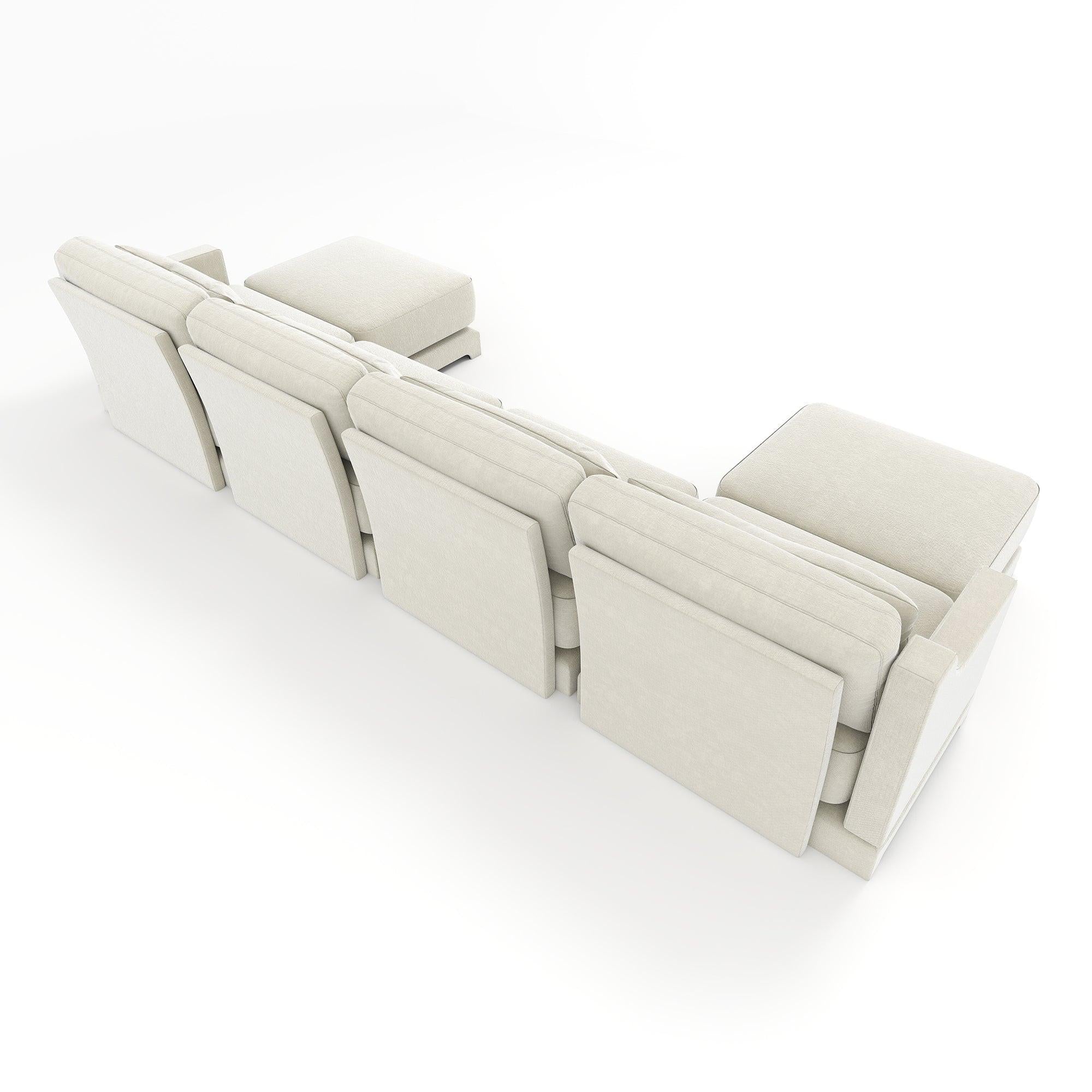 Beige Chenille Four-Seater Sofa with Ottoman Pillow.