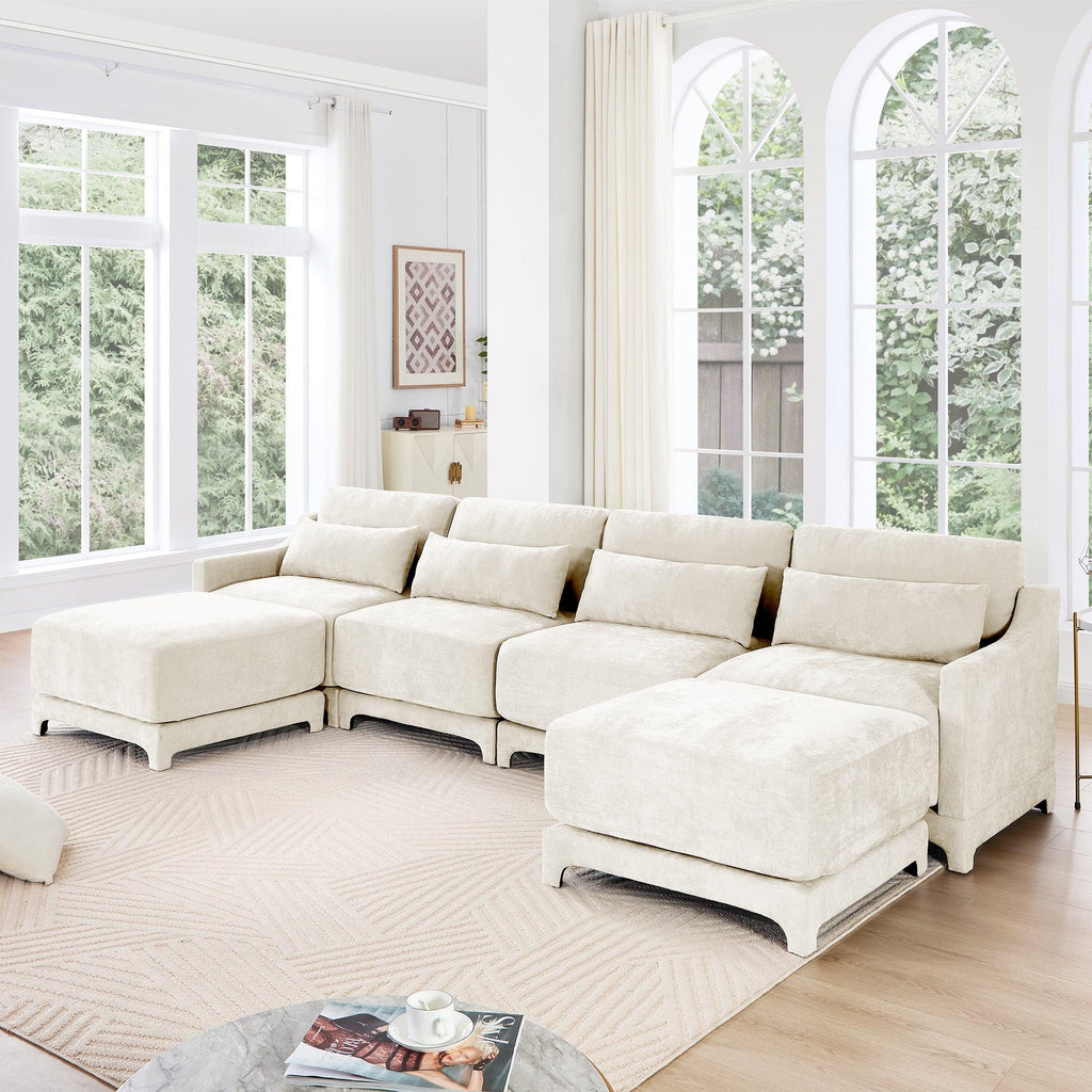 Beige Chenille Four-Seater Sofa with Ottoman Pillow.