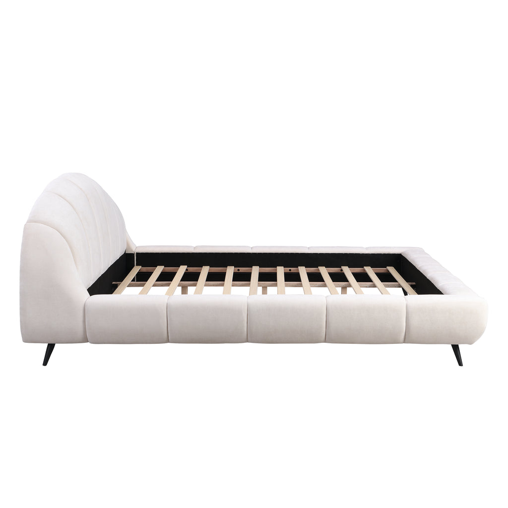 King Size Upholstered Platform Bed Chenille Thick Headboard and Footboard, Shell-Shape Design Beds, Beige