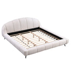 King Size Upholstered Platform Bed Chenille Thick Headboard and Footboard, Shell-Shape Design Beds, Beige