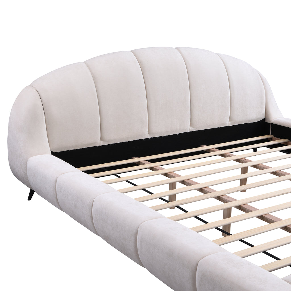 King Size Upholstered Platform Bed Chenille Thick Headboard and Footboard, Shell-Shape Design Beds, Beige