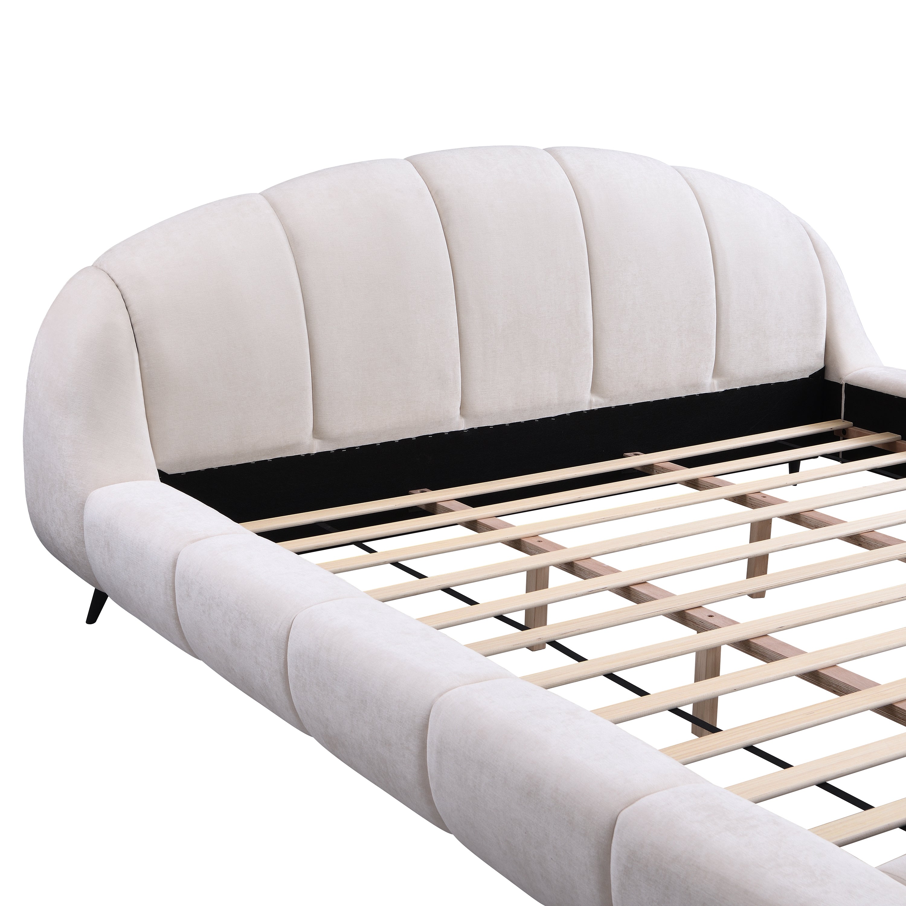 King Size Upholstered Platform Bed Chenille Thick Headboard and Footboard, Shell-Shape Design Beds, Beige