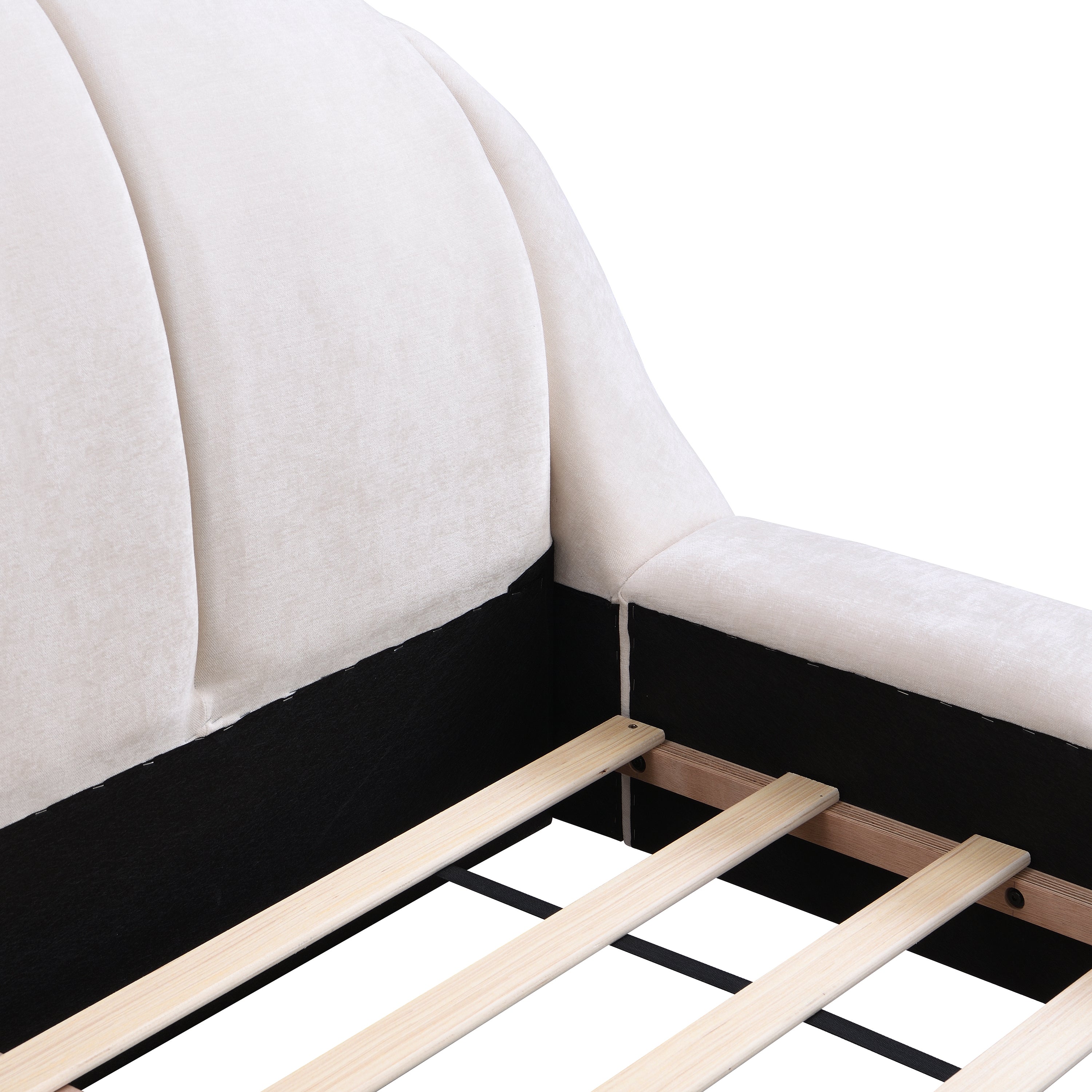 King Size Upholstered Platform Bed Chenille Thick Headboard and Footboard, Shell-Shape Design Beds, Beige