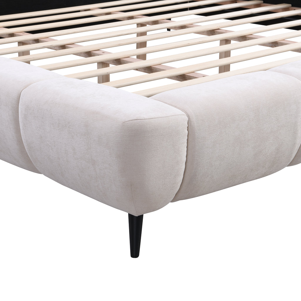 King Size Upholstered Platform Bed Chenille Thick Headboard and Footboard, Shell-Shape Design Beds, Beige