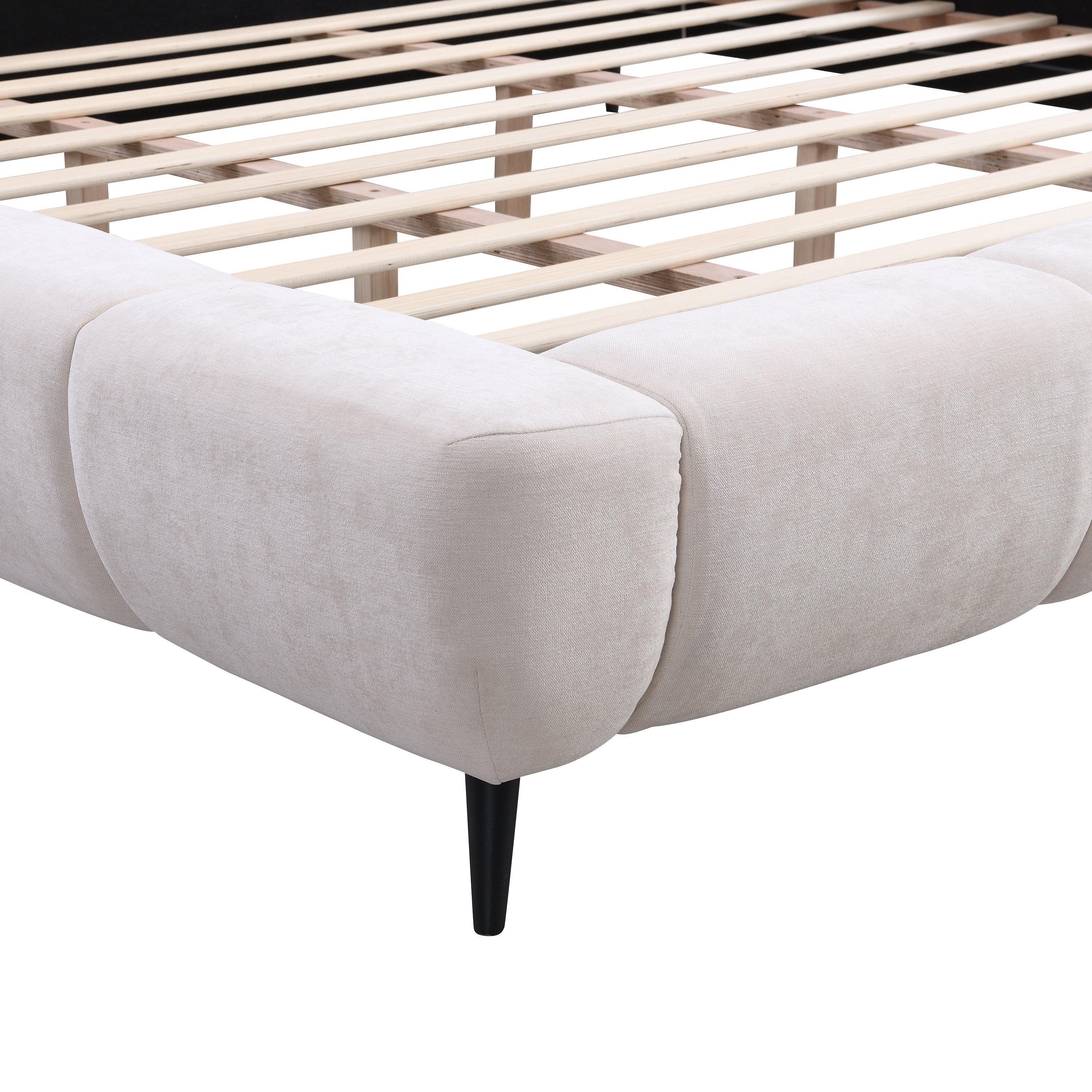 King Size Upholstered Platform Bed Chenille Thick Headboard and Footboard, Shell-Shape Design Beds, Beige