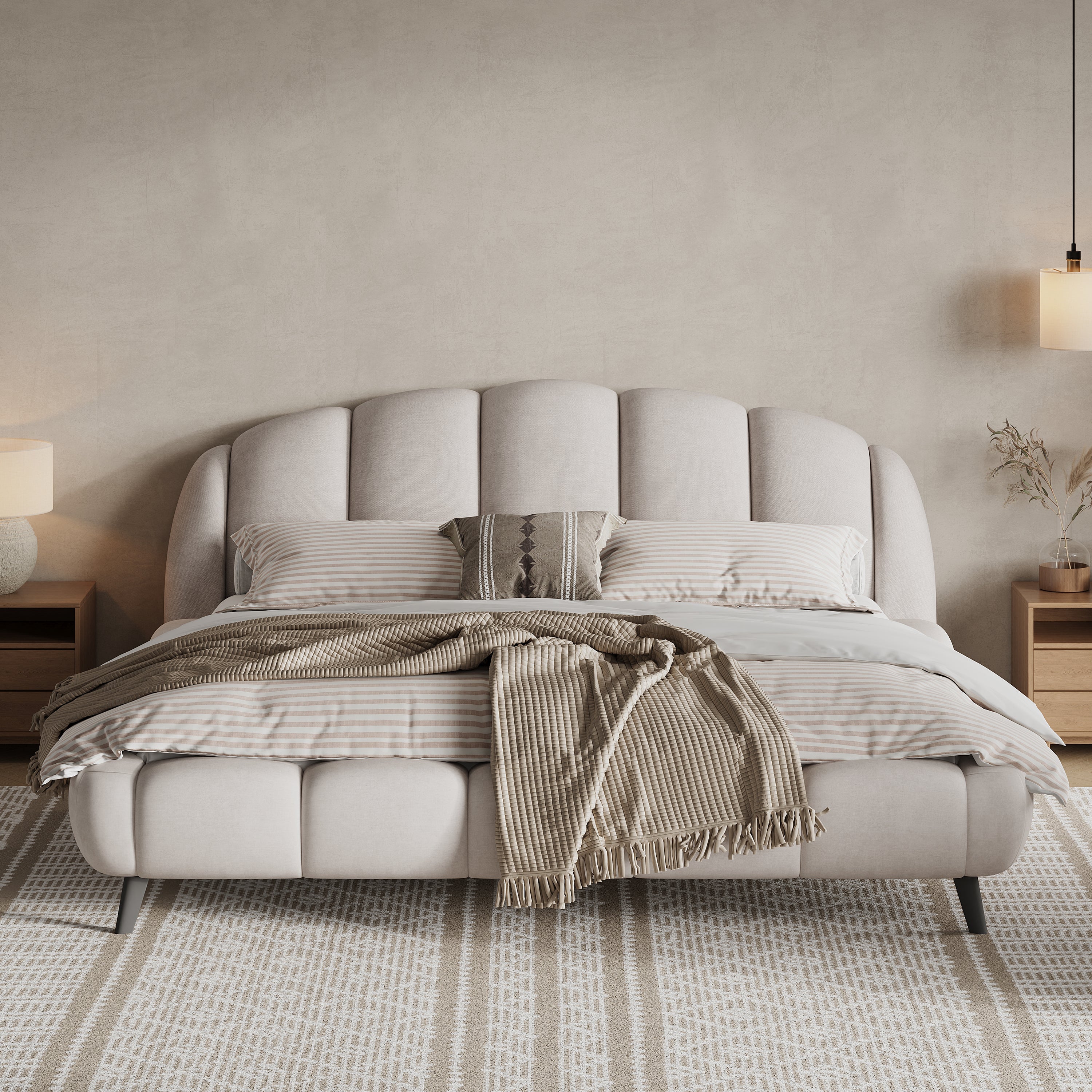 King Size Upholstered Platform Bed Chenille Thick Headboard and Footboard, Shell-Shape Design Beds, Beige
