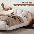 King Size Upholstered Platform Bed Chenille Thick Headboard and Footboard, Shell-Shape Design Beds, Beige
