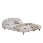 King Size Upholstered Platform Bed Chenille Thick Headboard and Footboard, Shell-Shape Design Beds, Beige
