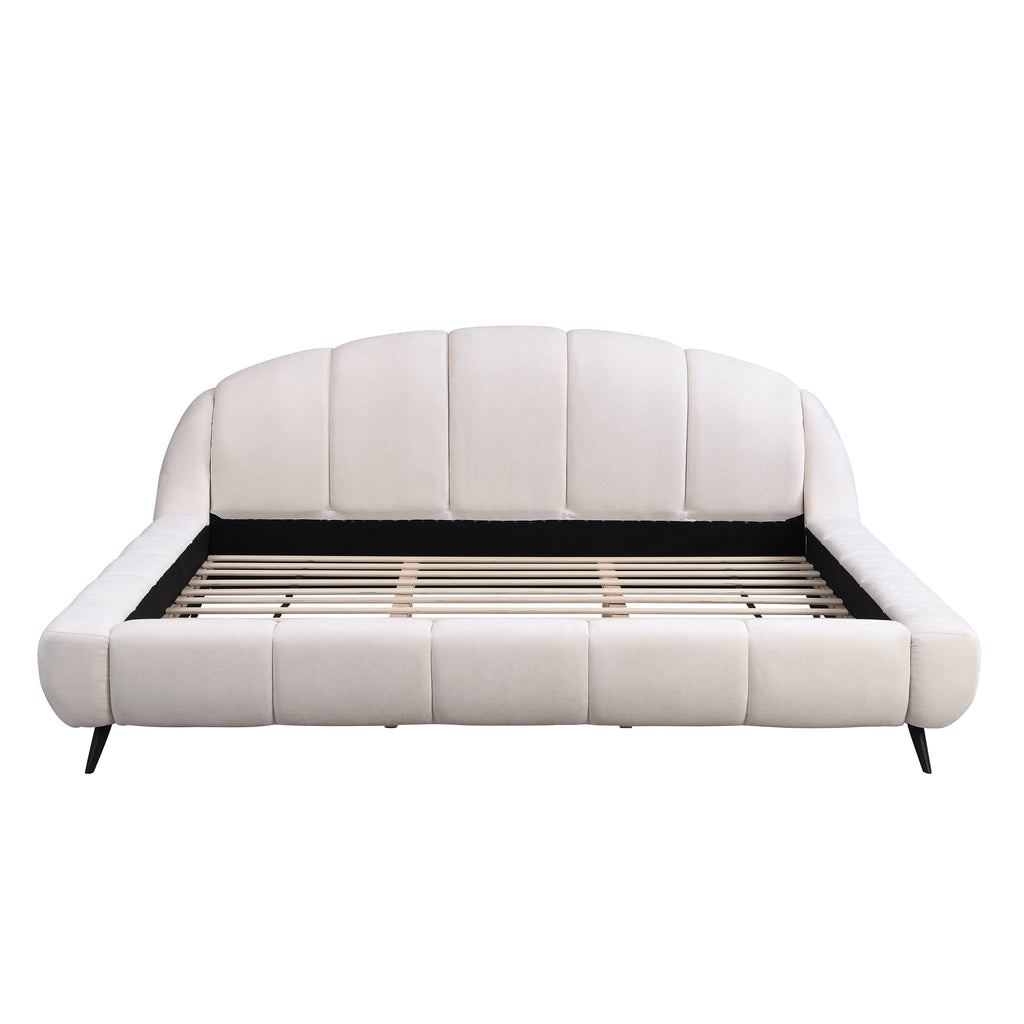 King Size Upholstered Platform Bed Chenille Thick Headboard and Footboard, Shell-Shape Design Beds, Beige