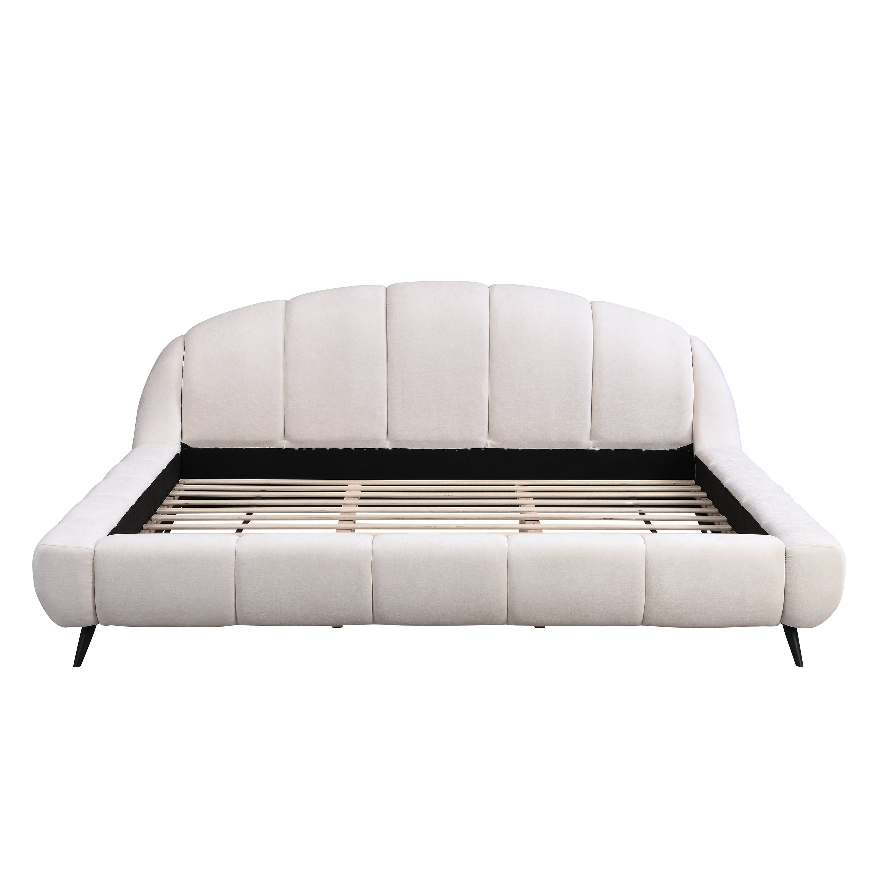 King Size Upholstered Platform Bed Chenille Thick Headboard and Footboard, Shell-Shape Design Beds, Beige