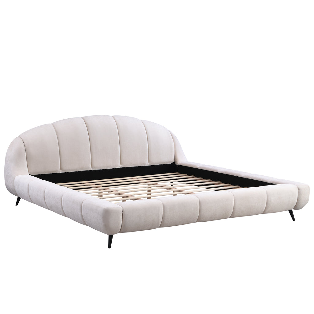 King Size Upholstered Platform Bed Chenille Thick Headboard and Footboard, Shell-Shape Design Beds, Beige