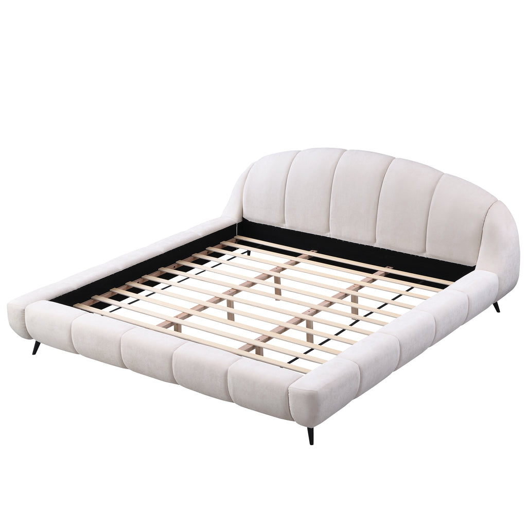 King Size Upholstered Platform Bed Chenille Thick Headboard and Footboard, Shell-Shape Design Beds, Beige