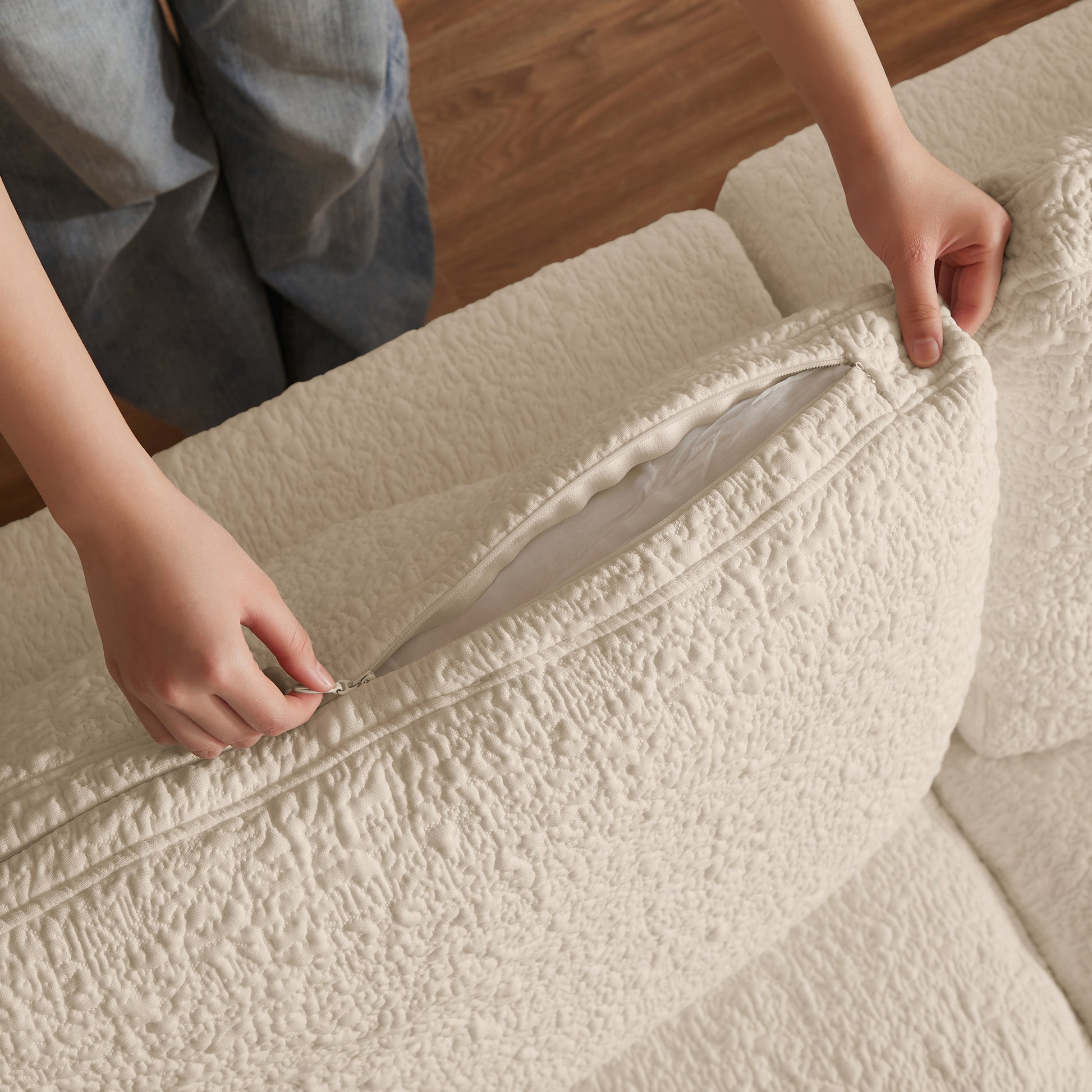 110' Cloud Sectional Couches for Living Room, Convertible L-Shape Couch with Ottoman, 3 Seater Modular Sectional Sofa, Warm White Beige