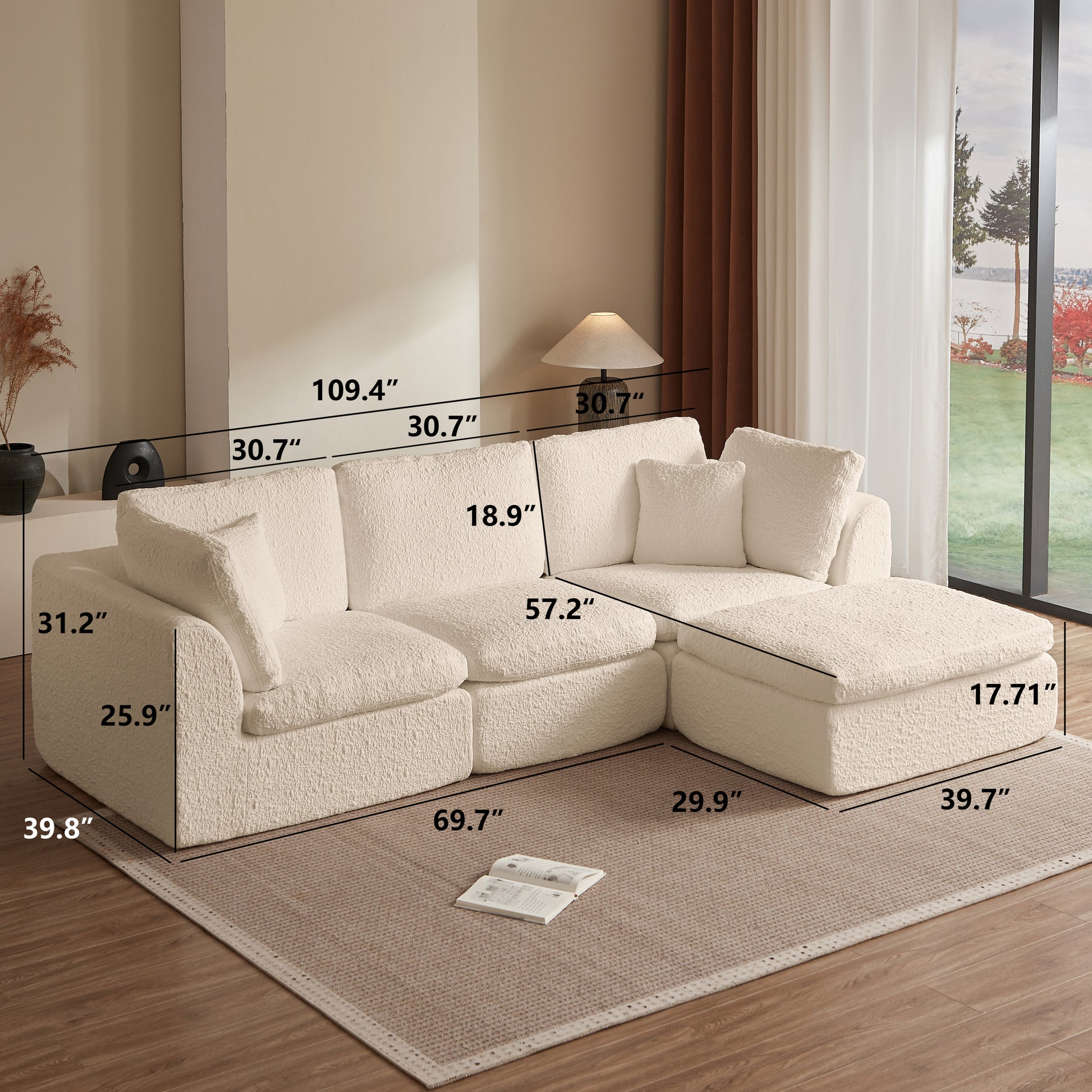 110' Cloud Sectional Couches for Living Room, Convertible L-Shape Couch with Ottoman, 3 Seater Modular Sectional Sofa, Warm White Beige