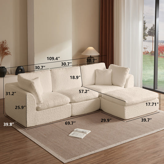 110' Cloud Sectional Couches for Living Room, Convertible L-Shape Couch with Ottoman, 3 Seater Modular Sectional Sofa, Warm White Beige