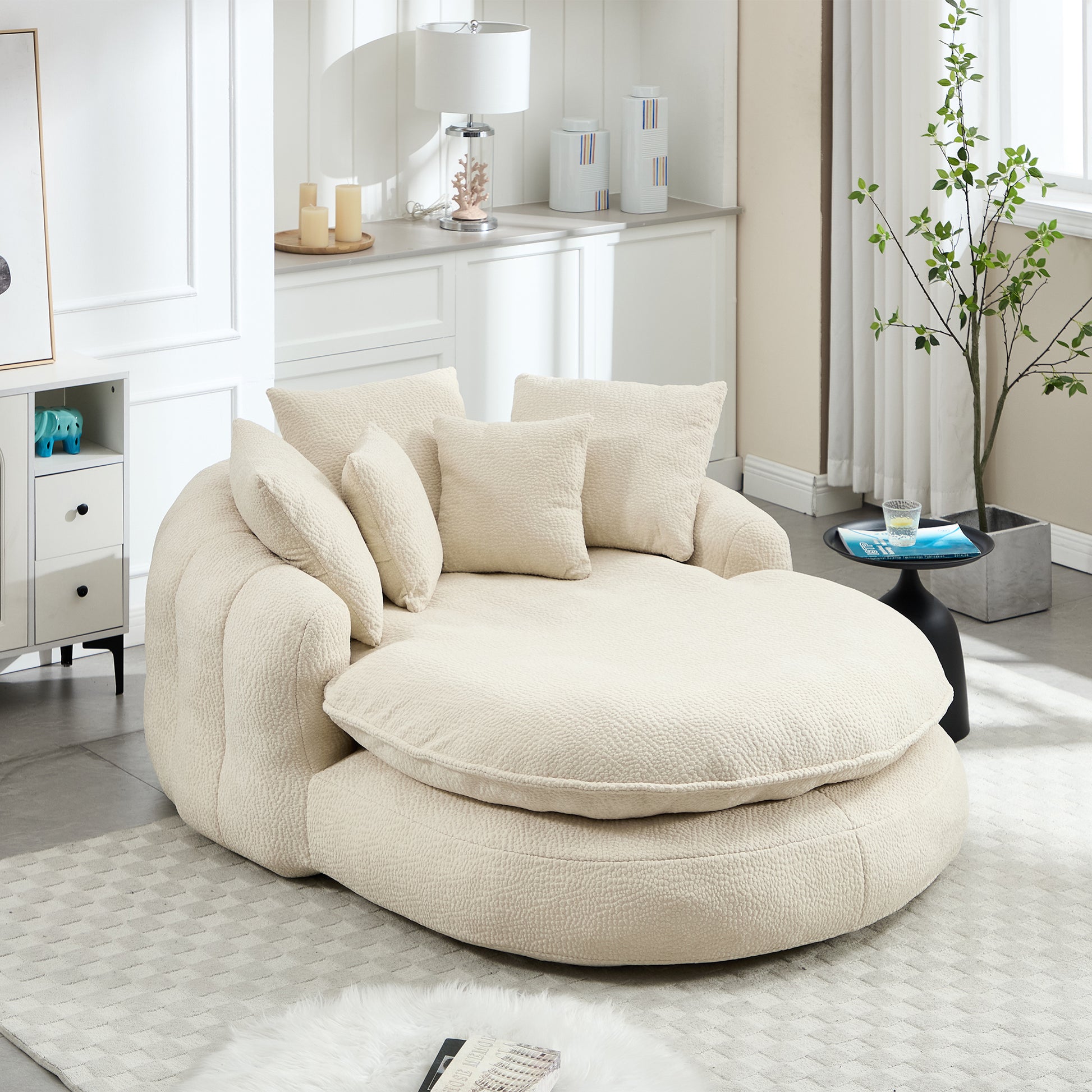 Oversized Oval Upholstered Bean Bag Sofa, Lazy Sofa with 3 Large Pillows and 2 Small Pillows, Wrap Around Backrest for Adults, Chenille Fabric Lazy Floor Bean Bag Sofa Bean Bag Chairs