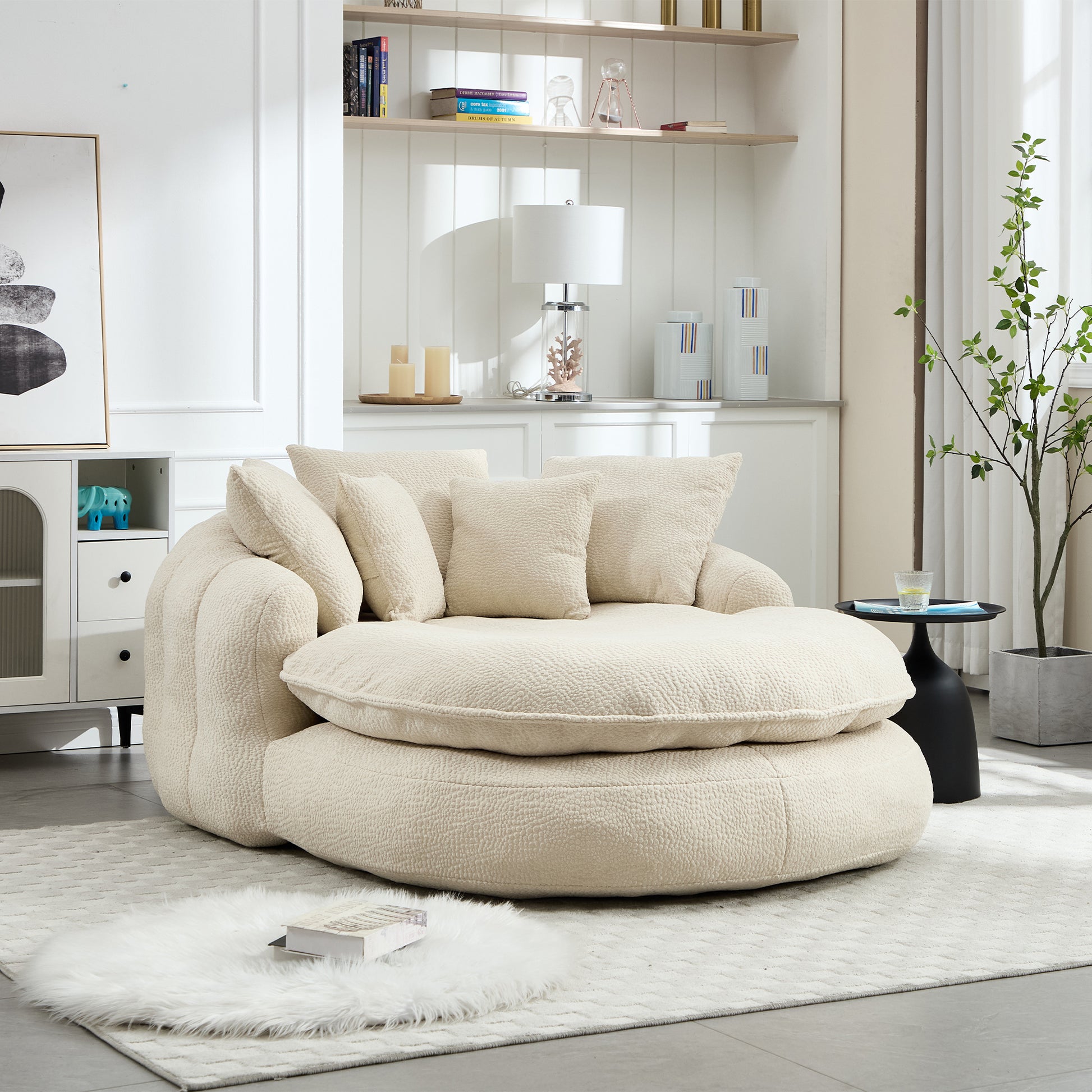 Oversized Oval Upholstered Bean Bag Sofa, Lazy Sofa with 3 Large Pillows and 2 Small Pillows, Wrap Around Backrest for Adults, Chenille Fabric Lazy Floor Bean Bag Sofa Bean Bag Chairs