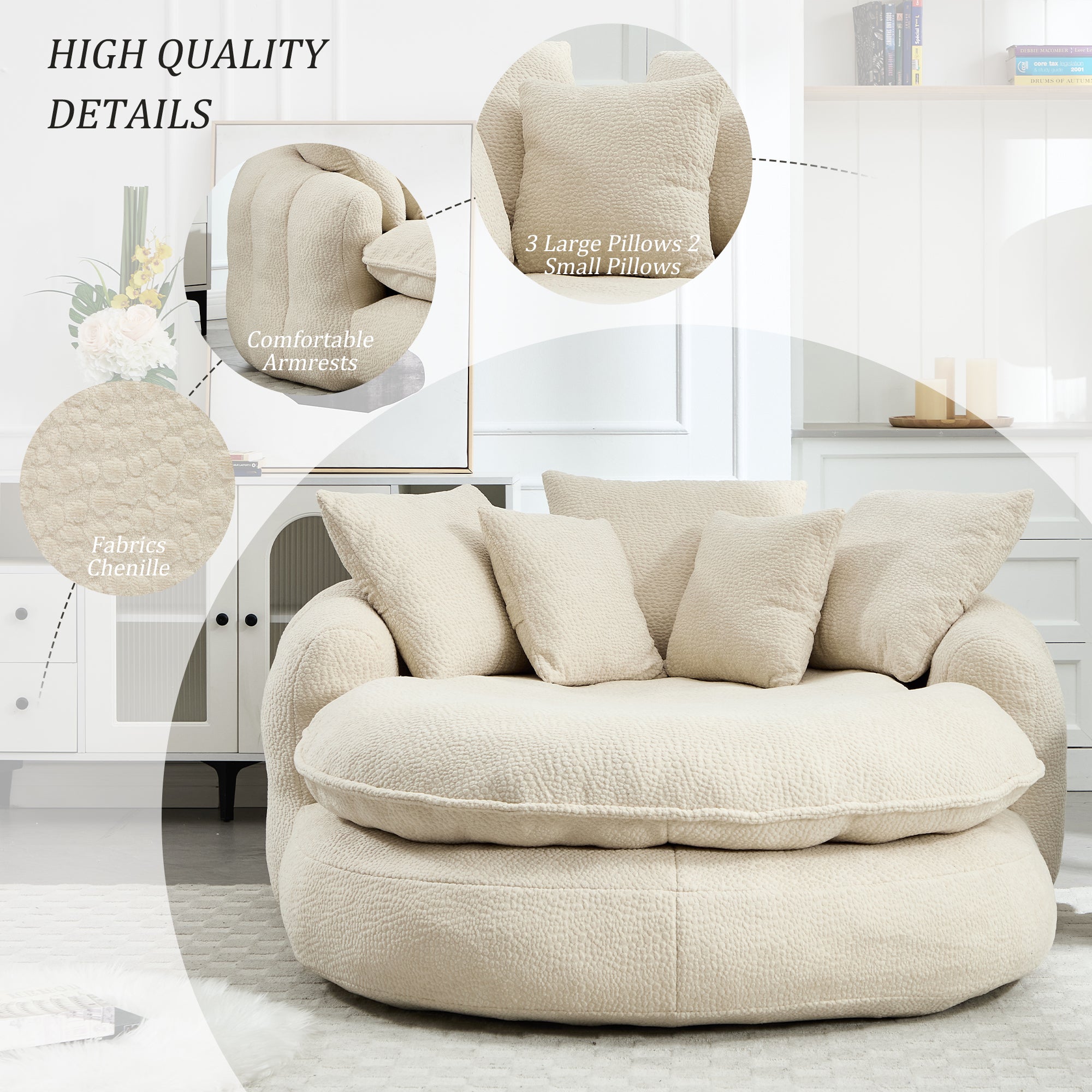 Oversized Oval Upholstered Bean Bag Sofa, Lazy Sofa with 3 Large Pillows and 2 Small Pillows, Wrap Around Backrest for Adults, Chenille Fabric Lazy Floor Bean Bag Sofa Bean Bag Chairs
