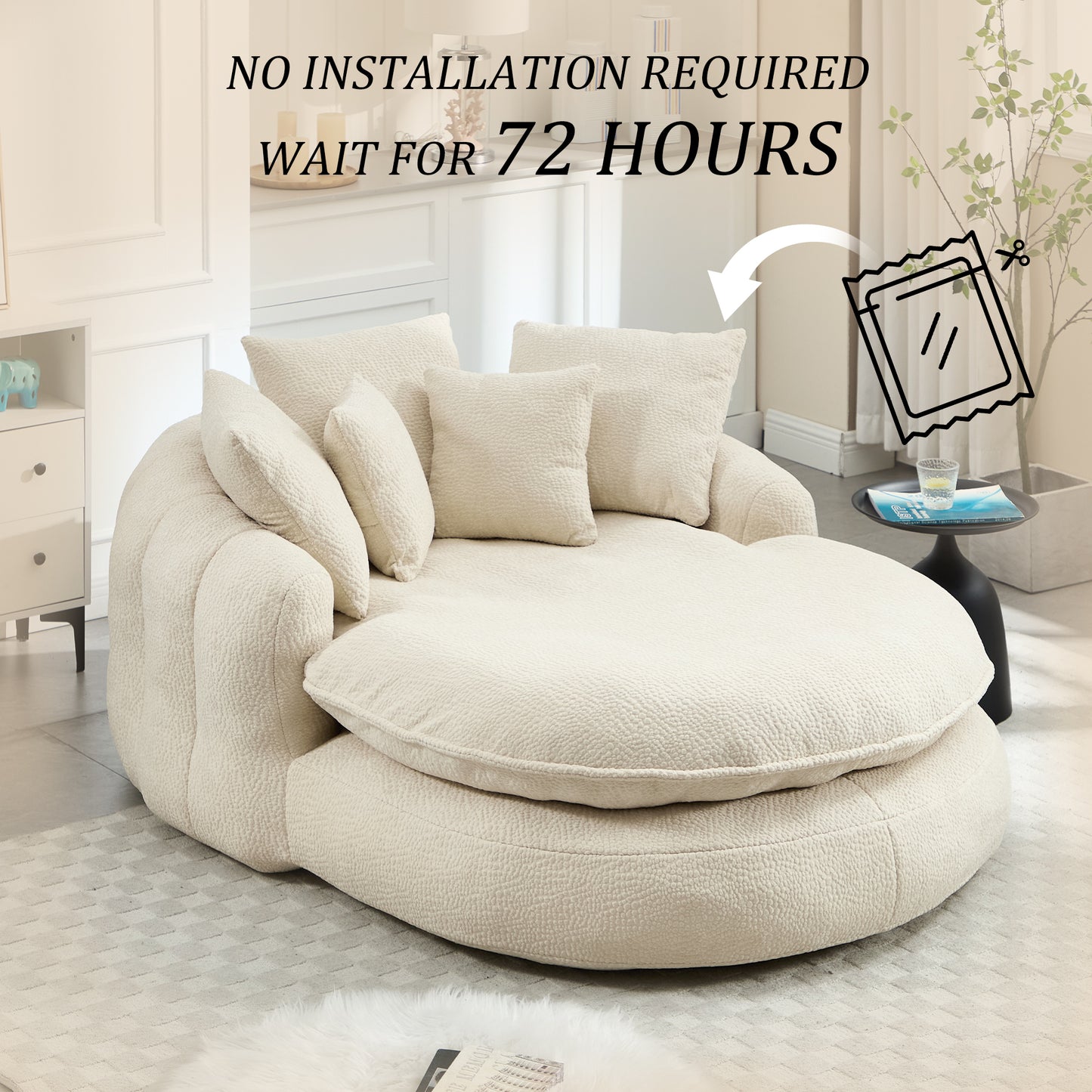 Oversized Oval Upholstered Bean Bag Sofa, Lazy Sofa with 3 Large Pillows and 2 Small Pillows, Wrap Around Backrest for Adults, Chenille Fabric Lazy Floor Bean Bag Sofa Bean Bag Chairs