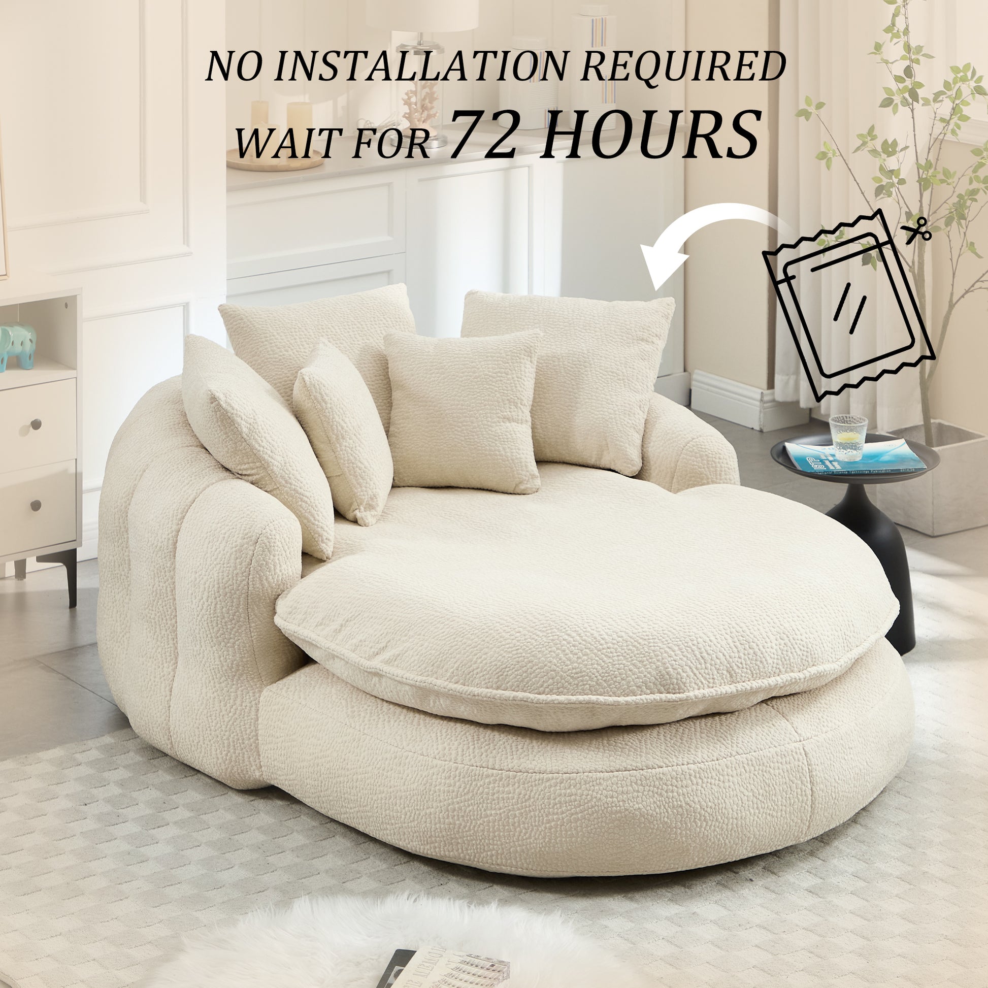 Oversized Oval Upholstered Bean Bag Sofa, Lazy Sofa with 3 Large Pillows and 2 Small Pillows, Wrap Around Backrest for Adults, Chenille Fabric Lazy Floor Bean Bag Sofa Bean Bag Chairs