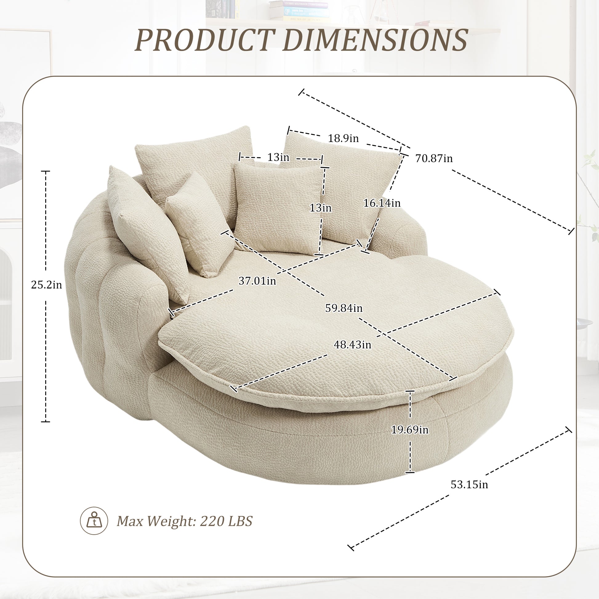 Oversized Oval Upholstered Bean Bag Sofa, Lazy Sofa with 3 Large Pillows and 2 Small Pillows, Wrap Around Backrest for Adults, Chenille Fabric Lazy Floor Bean Bag Sofa Bean Bag Chairs