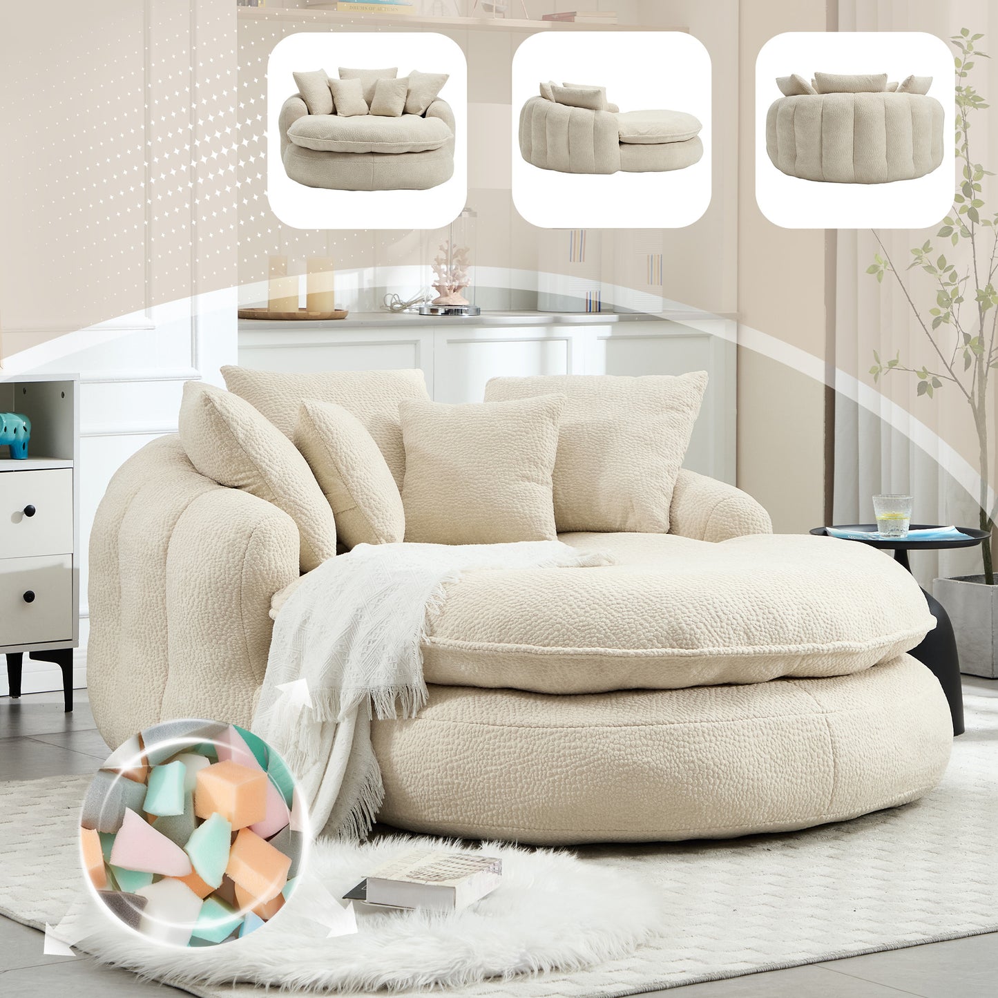 Oversized Oval Upholstered Bean Bag Sofa, Lazy Sofa with 3 Large Pillows and 2 Small Pillows, Wrap Around Backrest for Adults, Chenille Fabric Lazy Floor Bean Bag Sofa Bean Bag Chairs