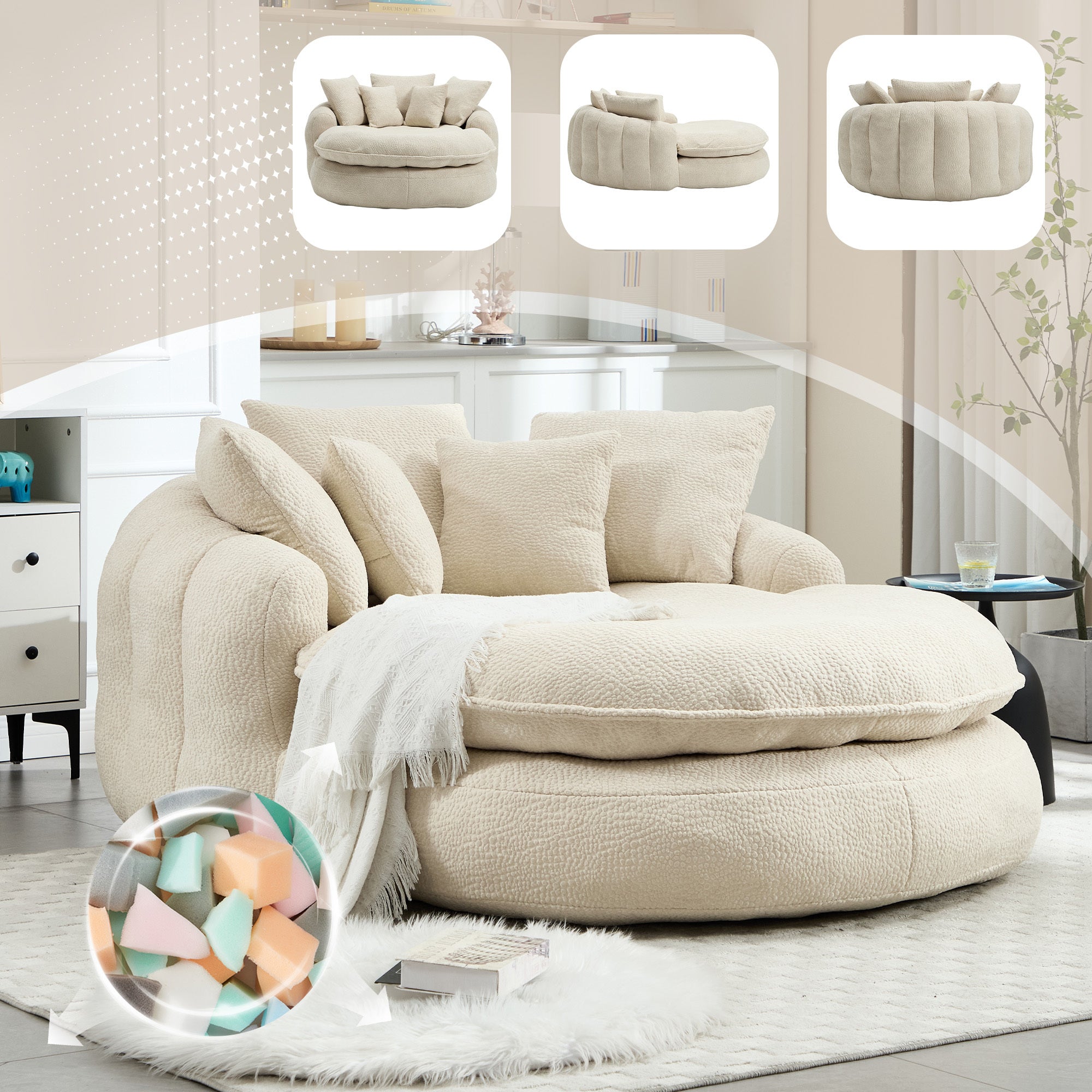 Oversized Oval Upholstered Bean Bag Sofa, Lazy Sofa with 3 Large Pillows and 2 Small Pillows, Wrap Around Backrest for Adults, Chenille Fabric Lazy Floor Bean Bag Sofa Bean Bag Chairs