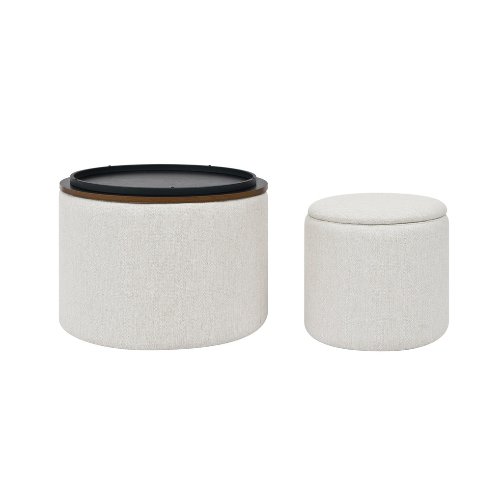2-Piece Set Round Chenille Storage Ottoman, Equipped with a Drum Shaped Small Stool, Storage Space, and MDF Made Desktop Panel (Beige 23.62"x23.62"x16.53")