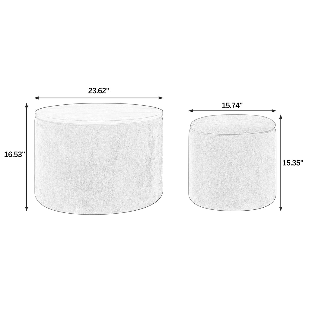 2-Piece Set Round Chenille Storage Ottoman, Equipped with a Drum Shaped Small Stool, Storage Space, and MDF Made Desktop Panel (Beige 23.62"x23.62"x16.53")