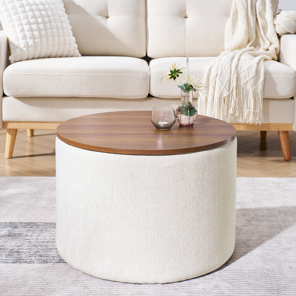 2-Piece Set Round Chenille Storage Ottoman, Equipped with a Drum Shaped Small Stool, Storage Space, and MDF Made Desktop Panel (Beige 23.62"x23.62"x16.53")