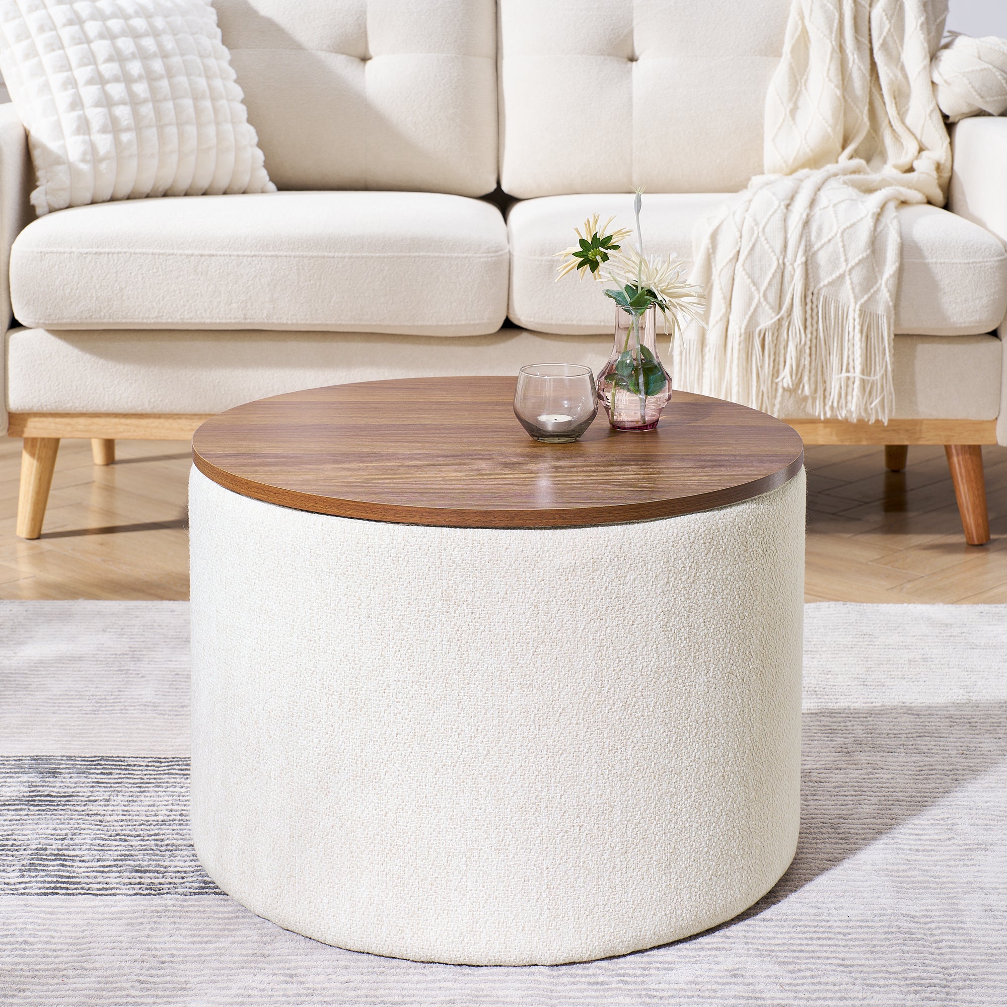 2-Piece Set Round Chenille Storage Ottoman, Equipped with a Drum Shaped Small Stool, Storage Space, and MDF Made Desktop Panel (Beige 23.62"x23.62"x16.53")