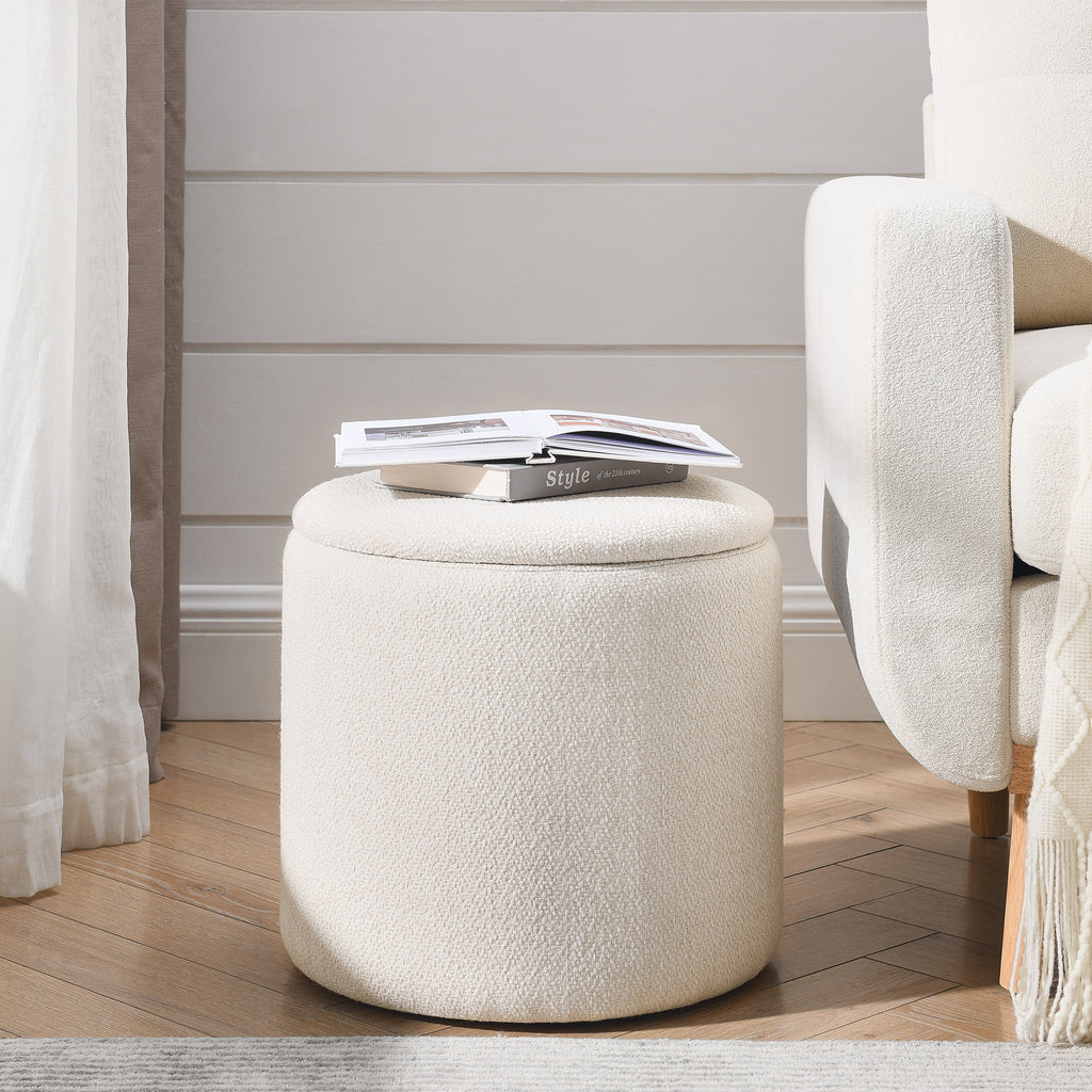 2-Piece Set Round Chenille Storage Ottoman, Equipped with a Drum Shaped Small Stool, Storage Space, and MDF Made Desktop Panel (Beige 23.62"x23.62"x16.53")
