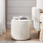 2-Piece Set Round Chenille Storage Ottoman, Equipped with a Drum Shaped Small Stool, Storage Space, and MDF Made Desktop Panel (Beige 23.62"x23.62"x16.53")