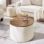 2-Piece Set Round Chenille Storage Ottoman, Equipped with a Drum Shaped Small Stool, Storage Space, and MDF Made Desktop Panel (Beige 23.62"x23.62"x16.53")