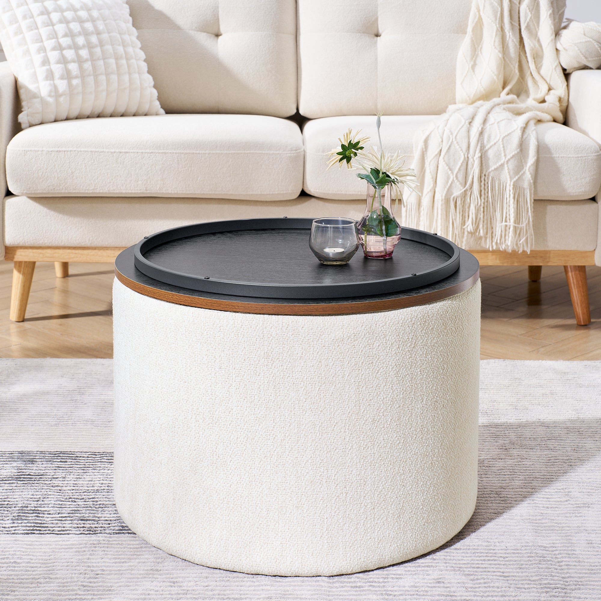 2-Piece Set Round Chenille Storage Ottoman, Equipped with a Drum Shaped Small Stool, Storage Space, and MDF Made Desktop Panel (Beige 23.62"x23.62"x16.53")