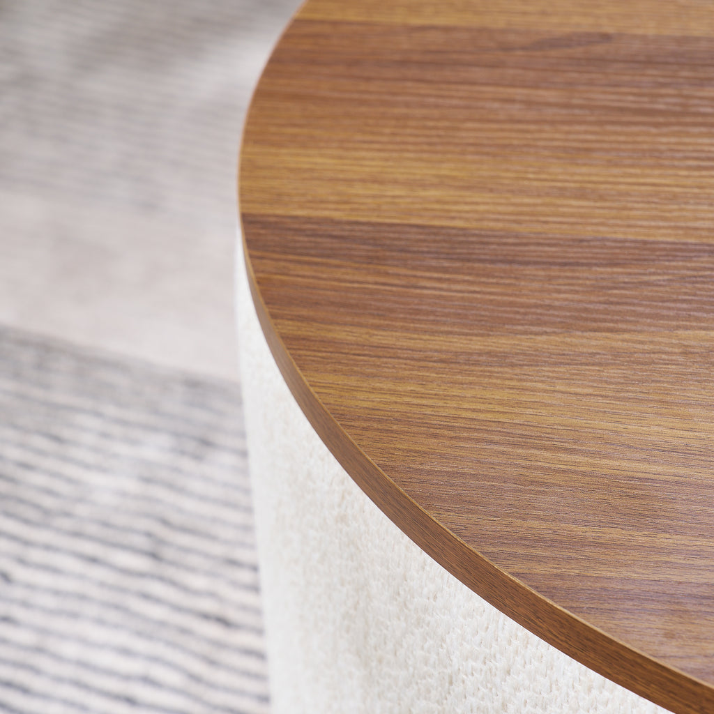 2-Piece Set Round Chenille Storage Ottoman, Equipped with a Drum Shaped Small Stool, Storage Space, and MDF Made Desktop Panel (Beige 23.62"x23.62"x16.53")