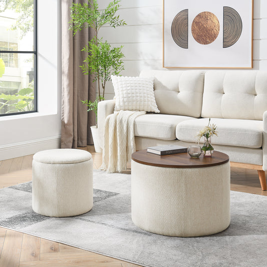 2-Piece Set Round Chenille Storage Ottoman, Equipped with a Drum Shaped Small Stool, Storage Space, and MDF Made Desktop Panel (Beige 23.62"x23.62"x16.53")