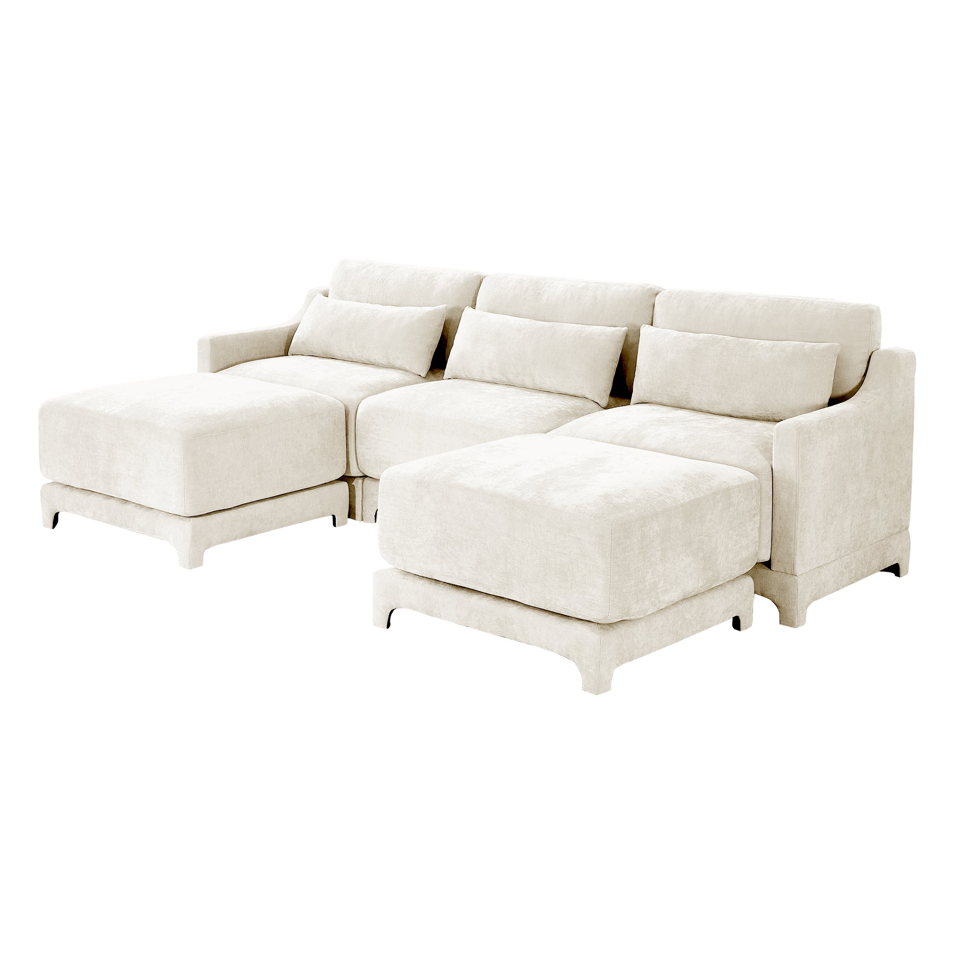 Three-Seater Sofa, 2 Movable Ottomans and Lumbar Pillow,Chenille Fabric,High-Resilience Sponge,High quality wooden base,Elegant Armrests, Easy Install,Suits Studies, Living Rooms,Beige