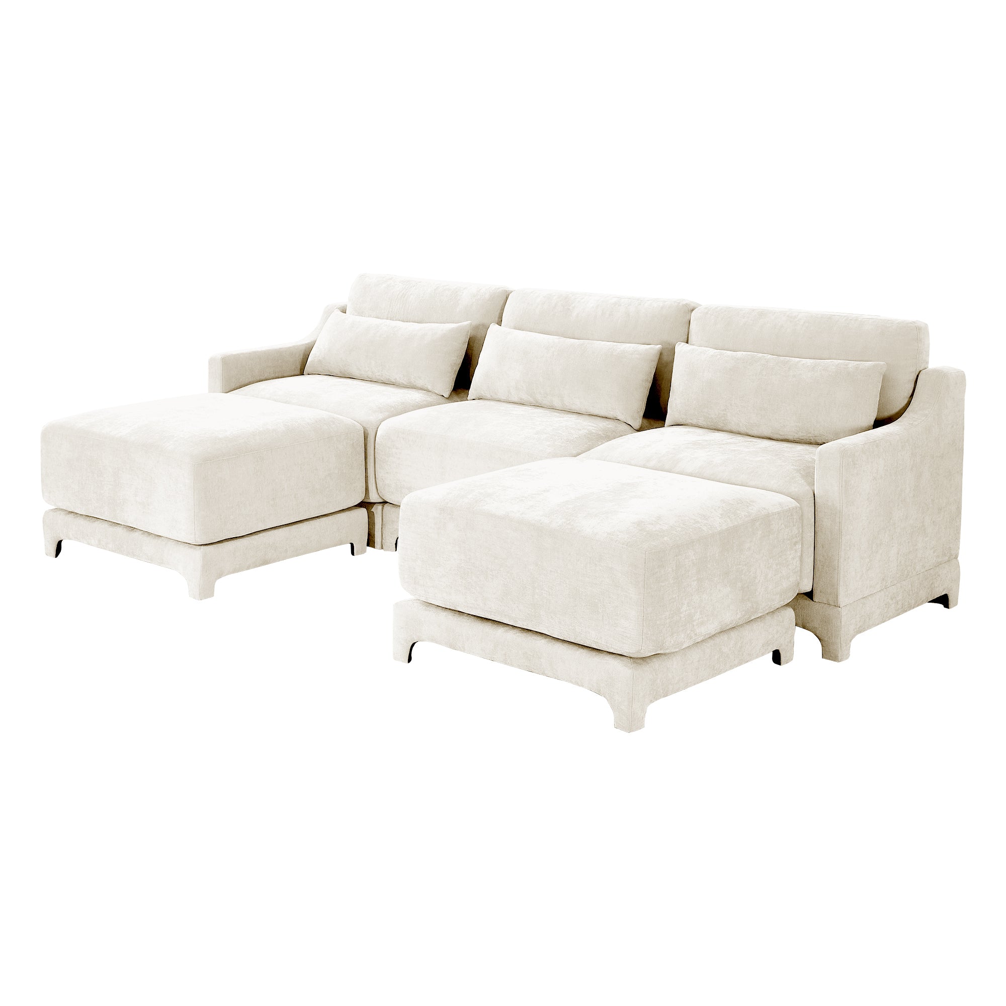 Three-Seater Sofa, 2 Movable Ottomans and Lumbar Pillow,Chenille Fabric,High-Resilience Sponge,High quality wooden base,Elegant Armrests, Easy Install,Suits Studies, Living Rooms,Beige