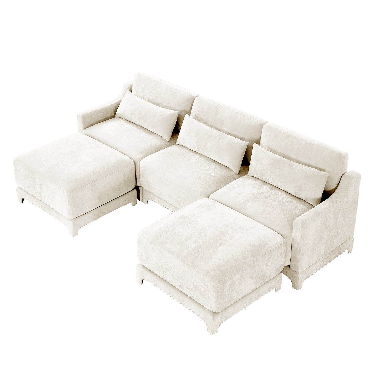 Three-Seater Sofa, 2 Movable Ottomans and Lumbar Pillow,Chenille Fabric,High-Resilience Sponge,High quality wooden base,Elegant Armrests, Easy Install,Suits Studies, Living Rooms,Beige