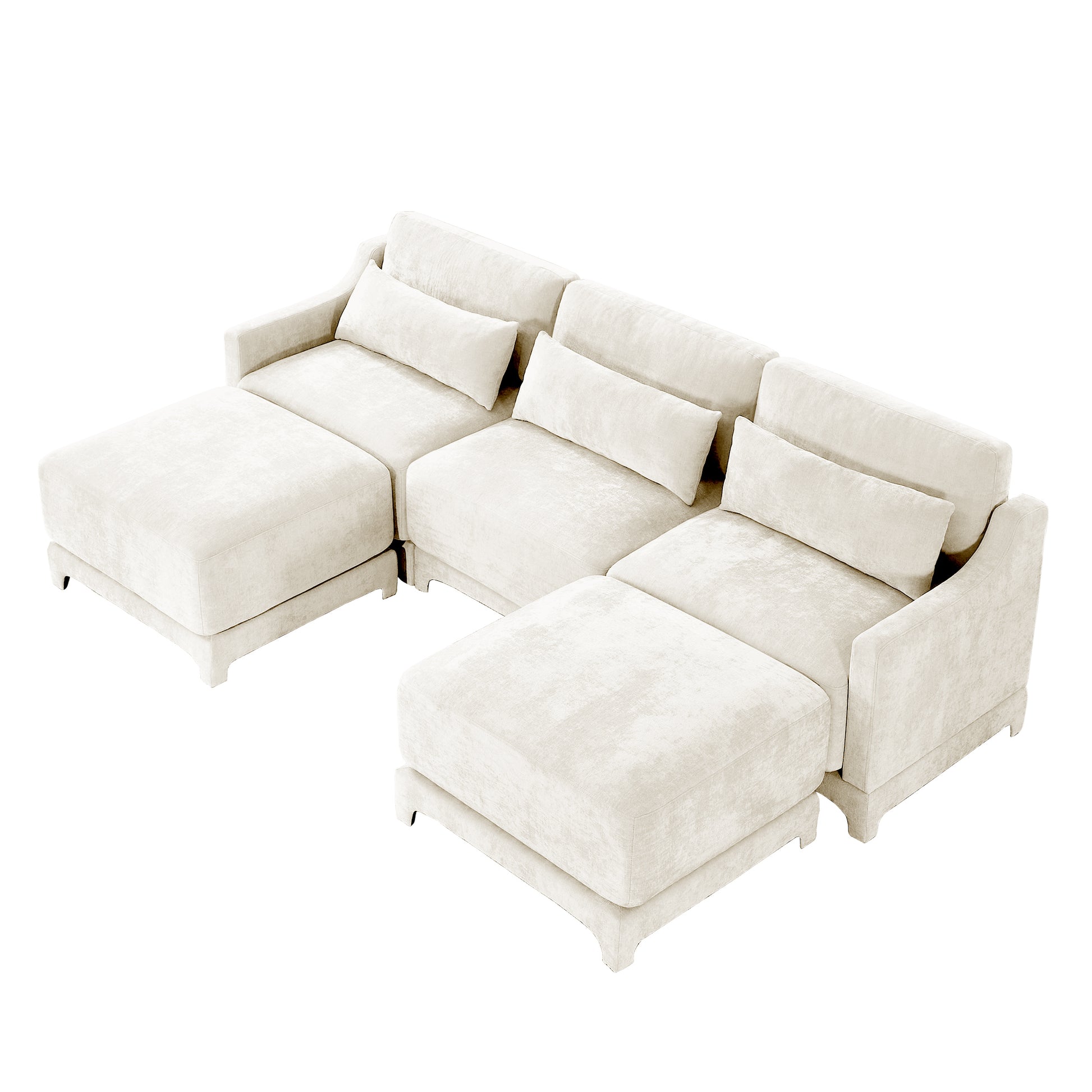 Three-Seater Sofa, 2 Movable Ottomans and Lumbar Pillow,Chenille Fabric,High-Resilience Sponge,High quality wooden base,Elegant Armrests, Easy Install,Suits Studies, Living Rooms,Beige